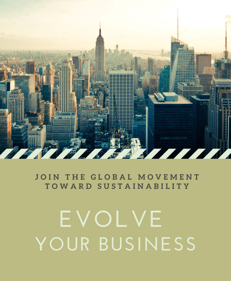 Photo of New York cityscape. Text: "Join the Global Movement Toward Sustainability. Evolve Your Business." 